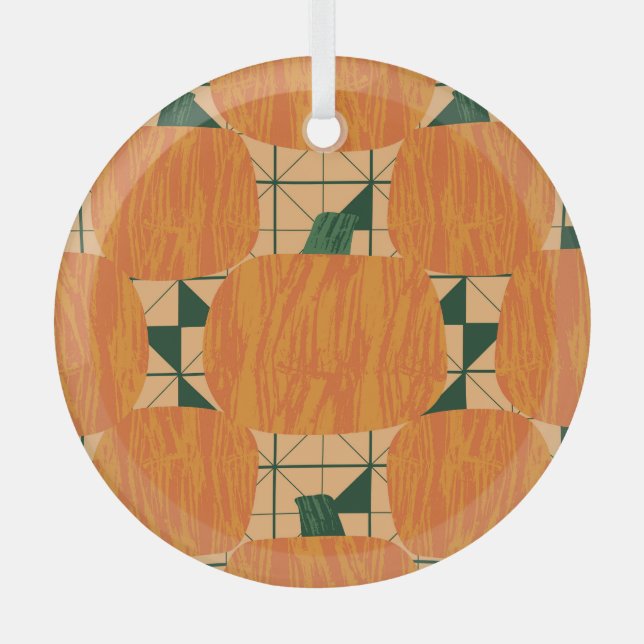 Pumpkins: Retro Geometric Triangle. Glass Tree Decoration (Front)