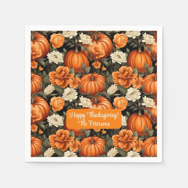 Pumpkins Roses Autumn Flowers Napkin (Front)
