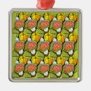 Pumpkins, Soup and Striped Background Metal Tree Decoration