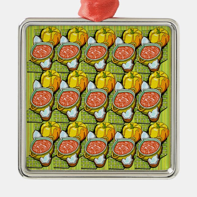 Pumpkins, Soup and Striped Background Metal Tree Decoration (Front)