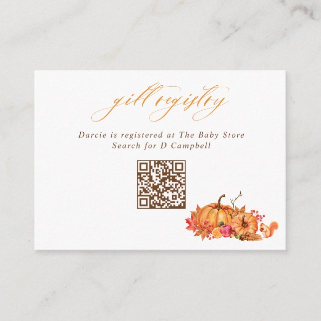 Pumpkins Squirrel & Leaves QR Code Gift Registry Enclosure Card (Front)
