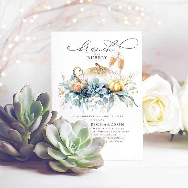Pumpkins Succulents Greenery Fall Bridal Shower Invitation (Brunch and Bubbly Bridal Shower Invitations Featuring Pumpkins and Greenery)