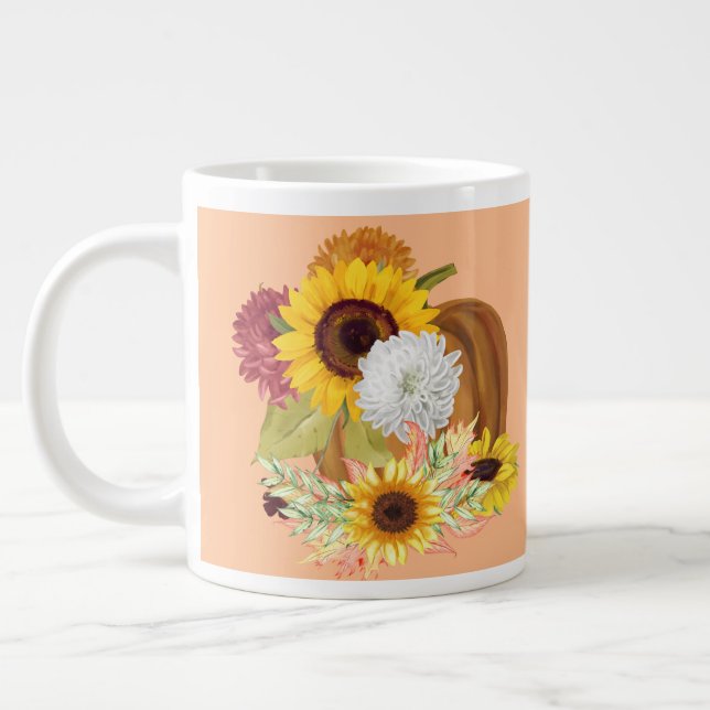 Pumpkins, Sunflowers and Mums Fall Colours Large Coffee Mug (Left)