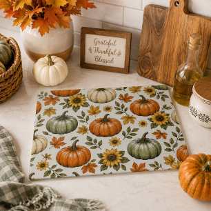 Pumpkins Sunflowers & Leaves Orange & Blue Fall Cutting Board