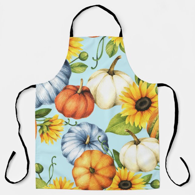 Pumpkins, sunflowers, watercolor illustration apron (Front)