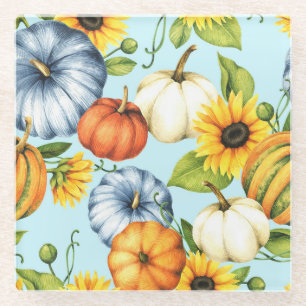 Pumpkins, sunflowers, watercolor illustration glass coaster