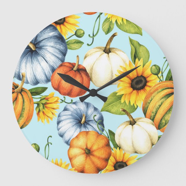 Pumpkins, sunflowers, watercolor illustration large clock (Front)