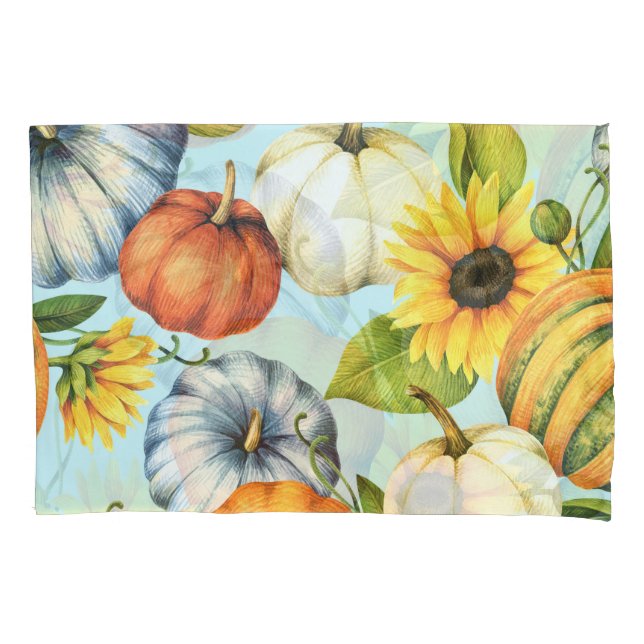 Pumpkins, sunflowers, watercolor illustration pillowcase (Front)