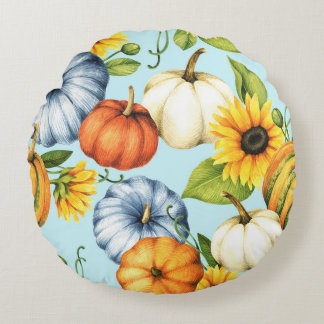 Pumpkins, sunflowers, watercolor illustration round cushion