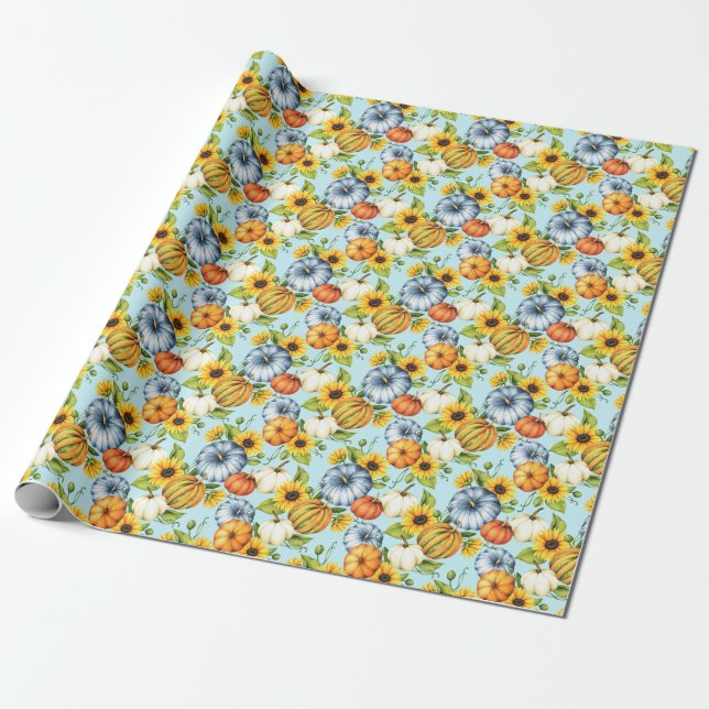 Pumpkins, sunflowers, watercolor illustration wrapping paper (Unrolled)