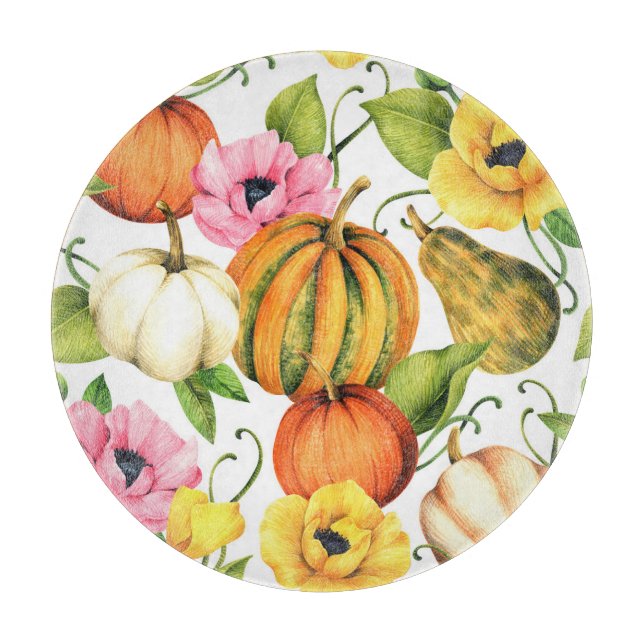 Pumpkins Sunflowers: Watercolor Pattern Design Cutting Board (Front)