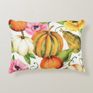 Pumpkins Sunflowers: Watercolor Pattern Design Decorative Cushion