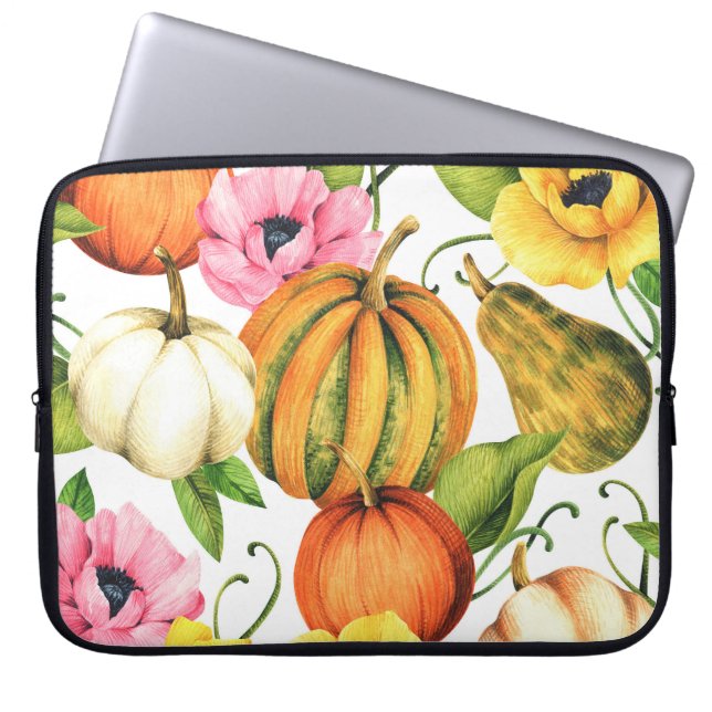 Pumpkins Sunflowers: Watercolor Pattern Design Laptop Sleeve (Front)