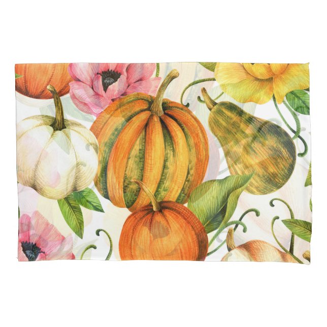 Pumpkins Sunflowers: Watercolor Pattern Design Pillowcase (Front)