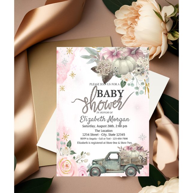  Pumpkins Vintage Truck Flowers Baby Shower Invitation (Creator Uploaded)
