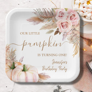 Pumpkins Watercolor Boho Girls Fall 1st Birthday Paper Plate