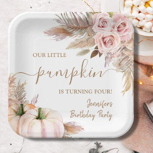 Pumpkins Watercolor Boho Girls Fall 4th Birthday Paper Plate