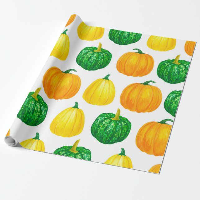 Pumpkins watercolor pattern wrapping paper (Unrolled)