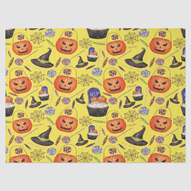 Pumpkins Witch Hats Ghost Spooky Halloween Pattern Tissue Paper (Front)