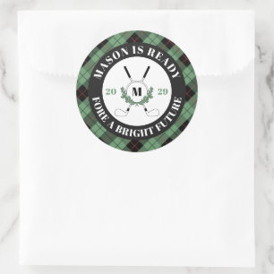 Pun Green Plaid Golf Themed Graduation  Classic Round Sticker
