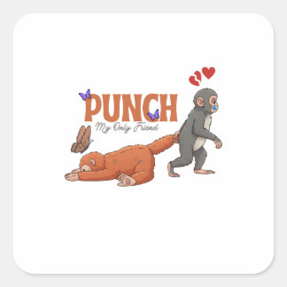‏Punch‑kun & Plush Monkey – Kawaii for Kids Square Sticker
