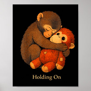 Punch macaque holding on emotional monkey plush poster