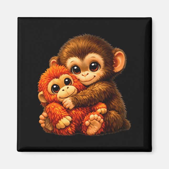 Punch monkey with teddy bear cuddling internet mem magnet (Front)