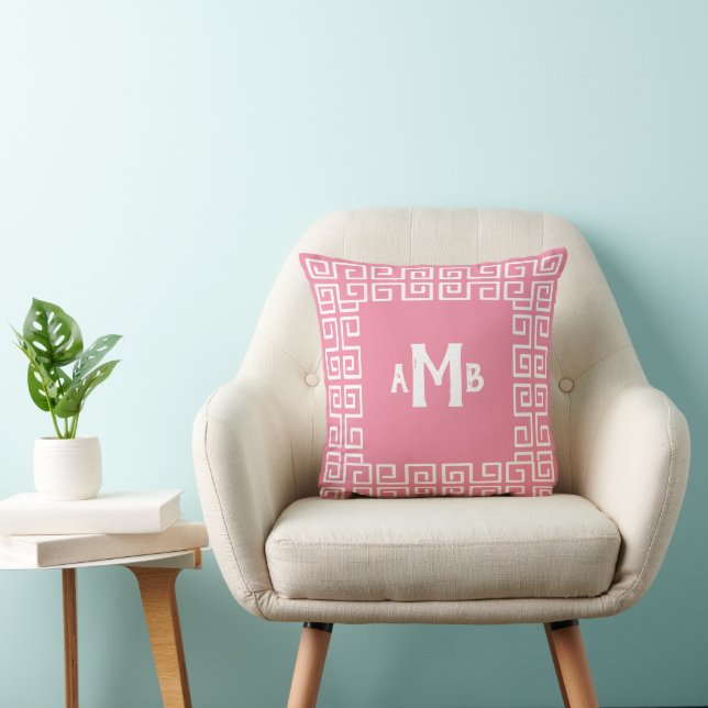 Punch Pink Reverse Greek Key Border Monogram Cushion (Chair)