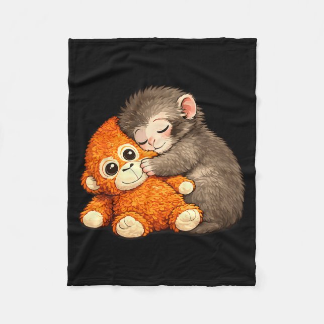 Punch the monkey cuddling stuffed animal meme fleece blanket (Front)