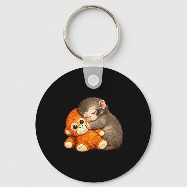 Punch the monkey cuddling stuffed animal meme key ring (Front)