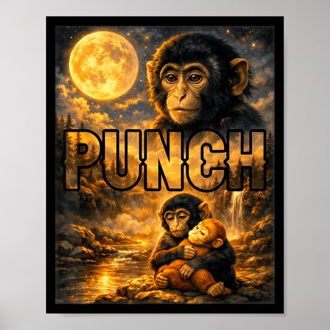 Punch the monkey cuddling stuffed animal meme poster (Front)