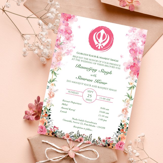 Punjabi Sikh Wedding Anand Karaj Floral Invitation (Creator Uploaded)