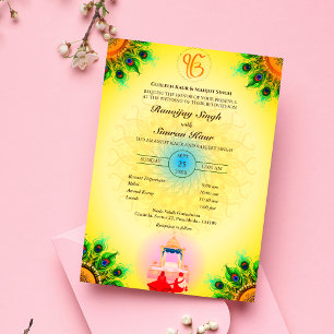 Punjabi Sikh Wedding Anand Karaj Peacock Feather Invitation