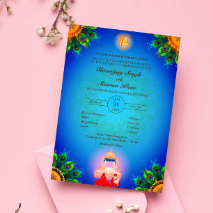 Punjabi Sikh Wedding Anand Karaj Peacock Feather Invitation