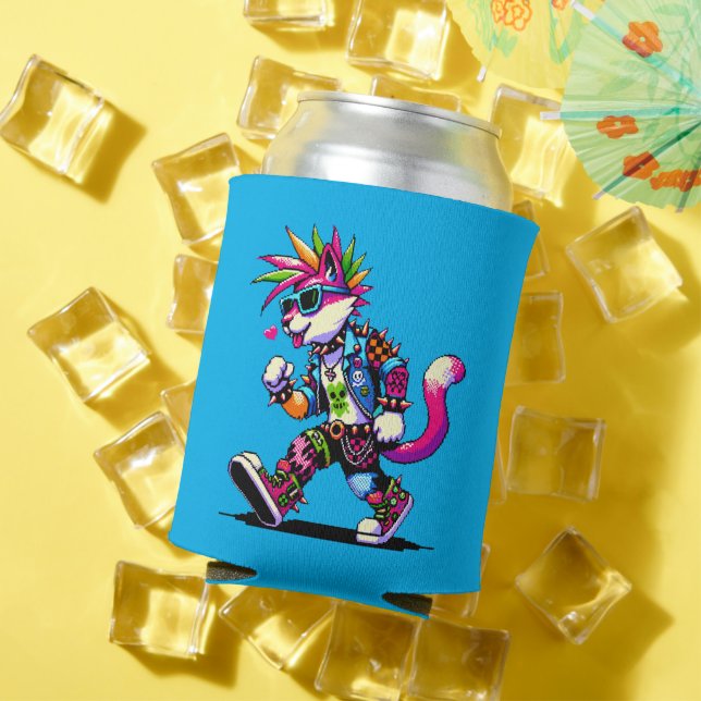 Punk Cat Attitude - Cool Pixel Art Rebel Design Can Cooler (In Situ Summer)