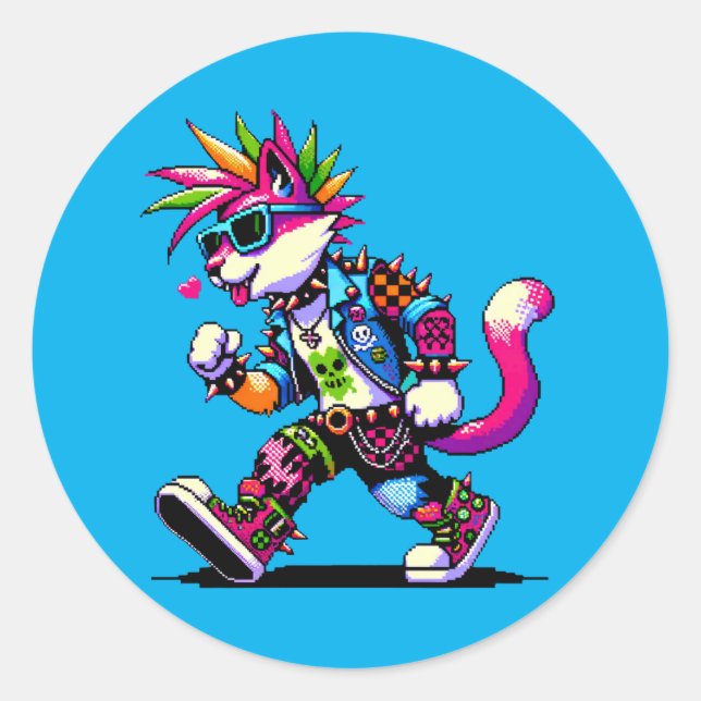 Punk Cat Attitude - Cool Pixel Art Rebel Design Classic Round Sticker (Front)