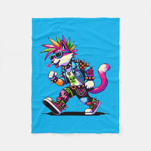 Punk Cat Attitude - Cool Pixel Art Rebel Design Fleece Blanket (Front)