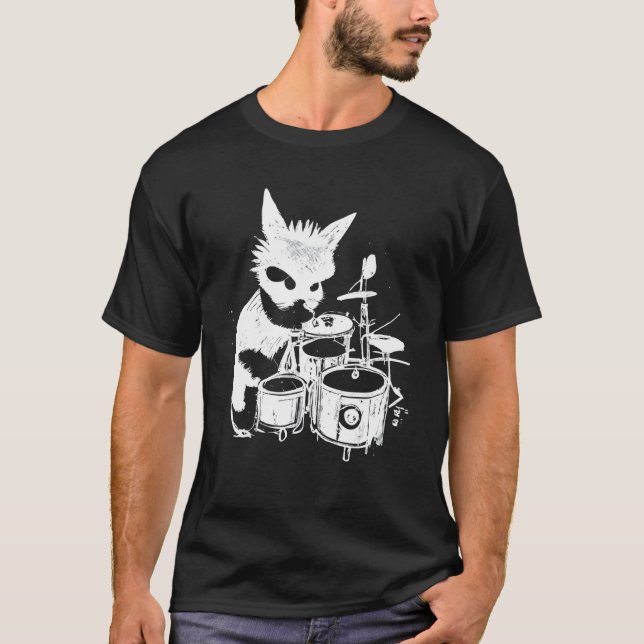 Punk Cat Playing Drums 5 T-Shirt (Front)