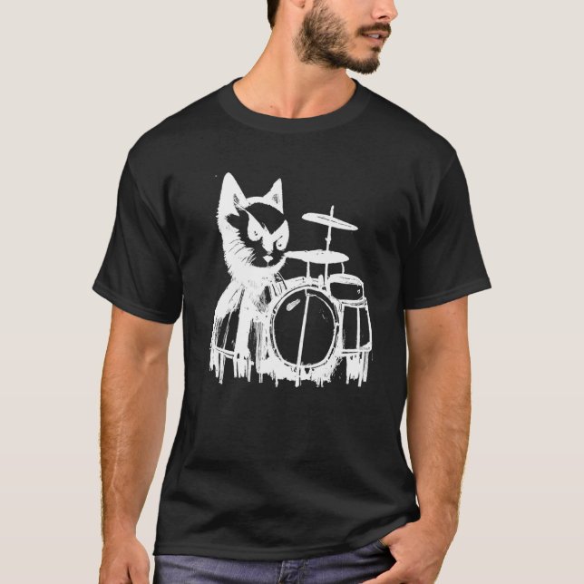 Punk Cat Playing Drums T-Shirt (Front)