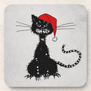 Punk Christmas: Ragged Cat with Santa Hat Goth Coaster