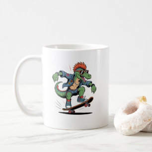 Punk Dinosaur Velociraptor Funny Skateboarding Coffee Mug