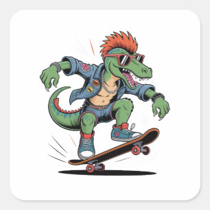 Punk Dinosaur Velociraptor Funny Skateboarding Square Sticker