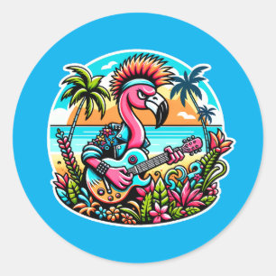 Punk Flamingo Rockstar - Tropical Paradise Guitar Classic Round Sticker