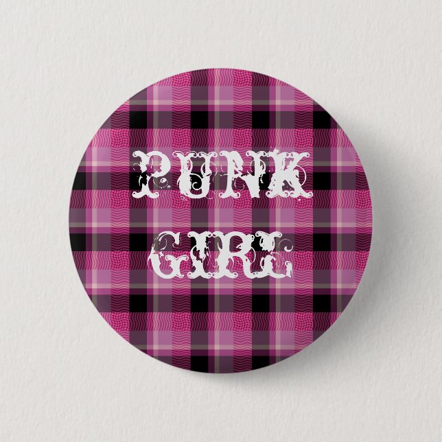 Punk Girl Black Pink Plaid Button (Front)