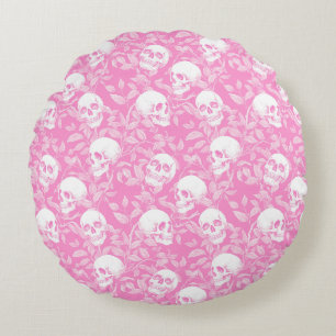 Punk girly Gothic pink skulls & foliage Halloween Round Cushion