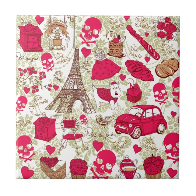 Punk In Paris Quirky French Icons pattern Ceramic Tile (Front)