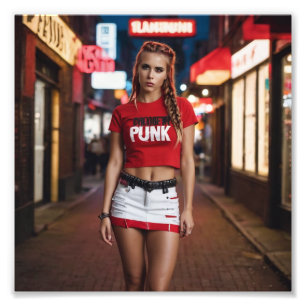 Punk Logo Plaited Girl in Torn Red White Skirt Photo Print