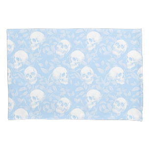 Punk pastel blue Gothic skulls & foliage Halloween Pillowcase