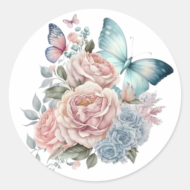 Punk Peonies and Dusty Blue Butterflies Wedding Classic Round Sticker (Front)
