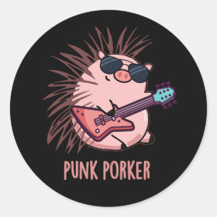 Punk Porker Funny Punk Rocker Pig Pun Dark BG Classic Round Sticker